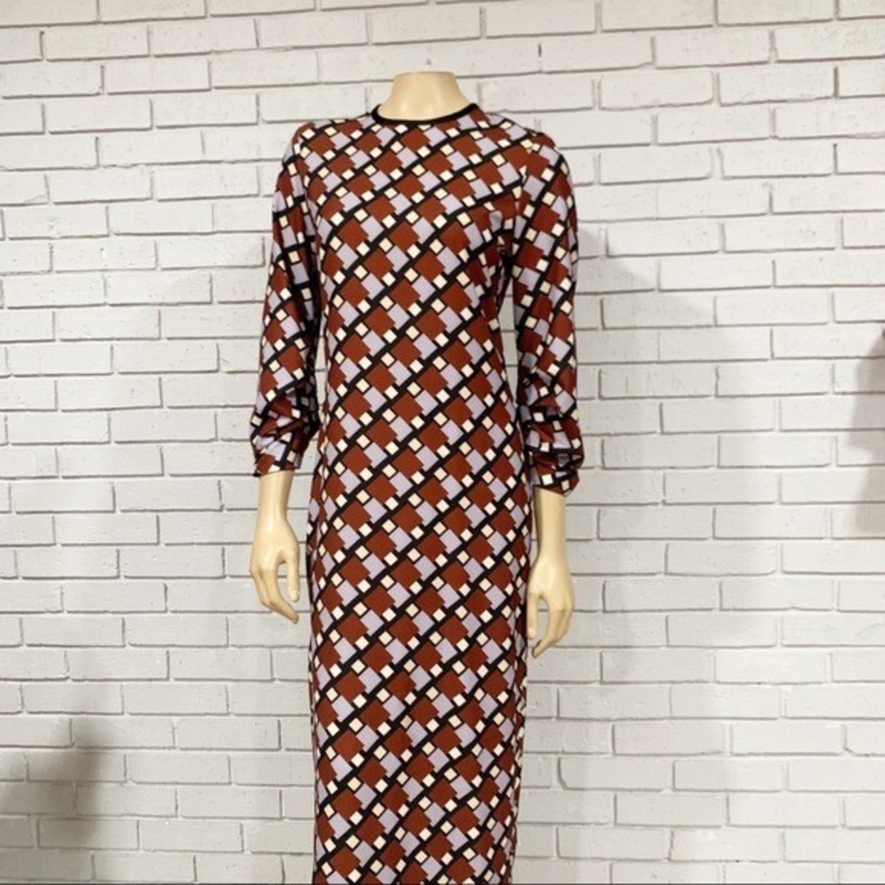 Zara Womens Geometric Diamond Print Ruched Sleeve Maxi Dress Rust Lavender Small